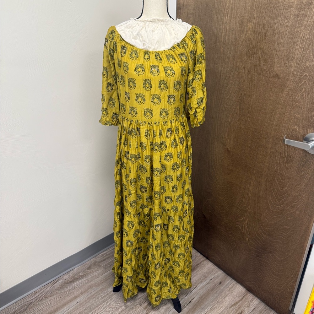Yellow Tiger Verandah dress with Bishop Sleeves and Bib Collar